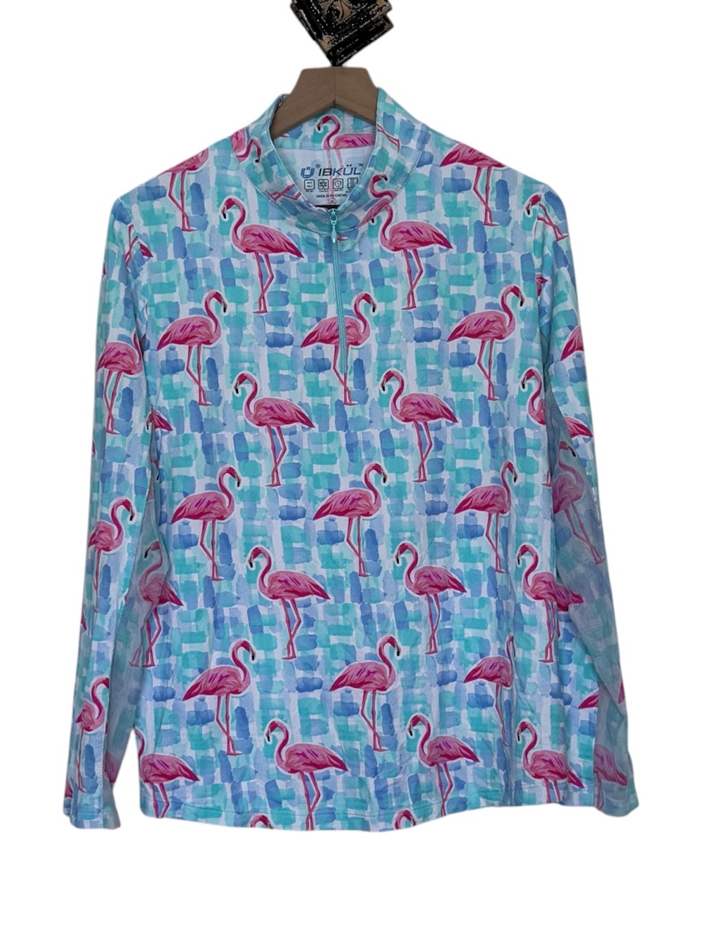 IBKUL XL Flamingo Print Quarter Zip Sun Protection Top Golf Tennis UPF Mesh